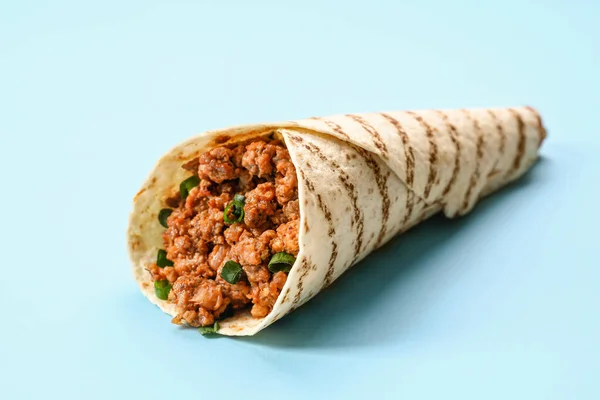 Tasty Burrito Blue Background — Stock Photo, Image