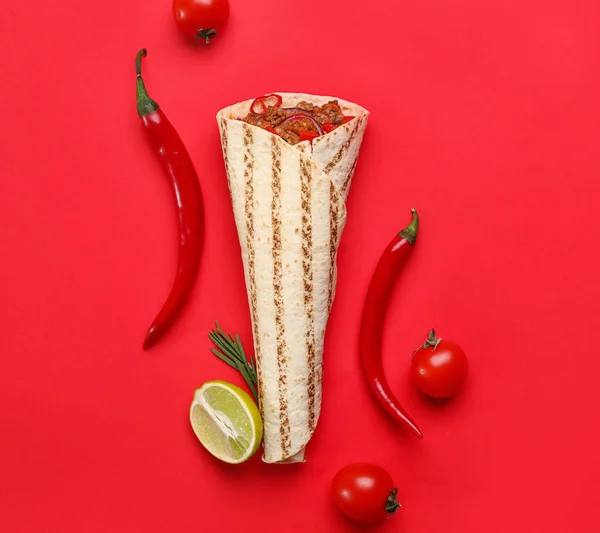 Tasty Burrito Vegetables Red Background — Stock Photo, Image