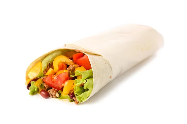 Burrito Mexicano Saboroso Com Legumes Fundo Branco — Fotografia de Stock