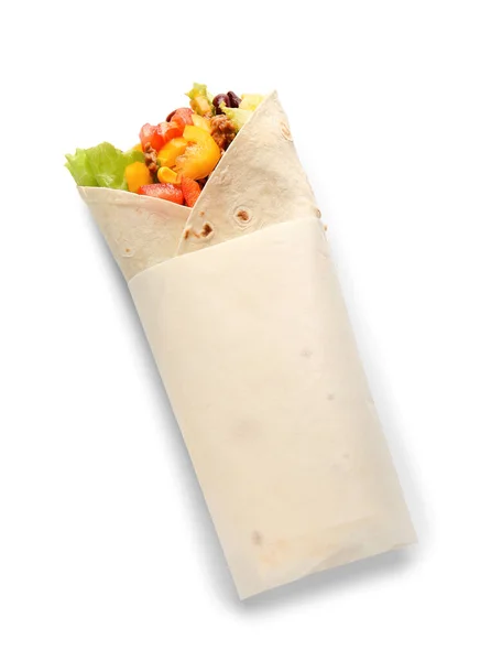 Burrito Mexicano Saboroso Com Legumes Fundo Branco — Fotografia de Stock