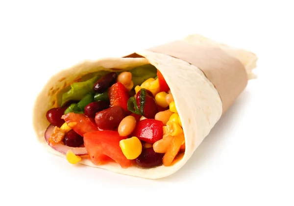 Sabroso Burrito Mexicano Con Verduras Sobre Fondo Blanco —  Fotos de Stock