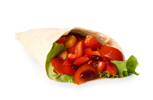 Savoureux Burrito Mexicain Aux Légumes Sur Fond Blanc — Photo