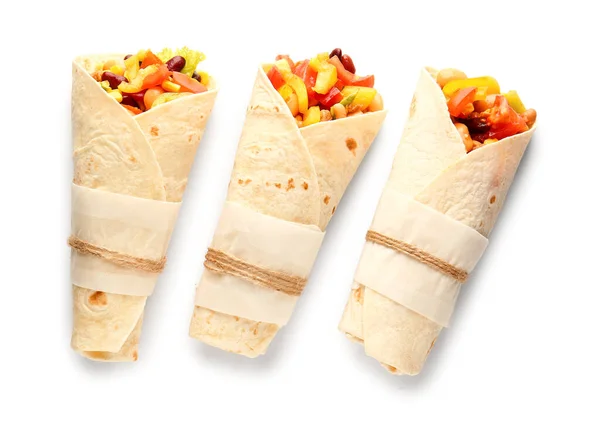 Tasty Mexican Burritos Vegetables White Background — Stockfoto