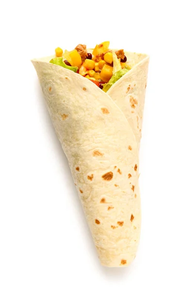 Gustoso Burrito Messicano Con Verdure Sfondo Bianco — Foto Stock