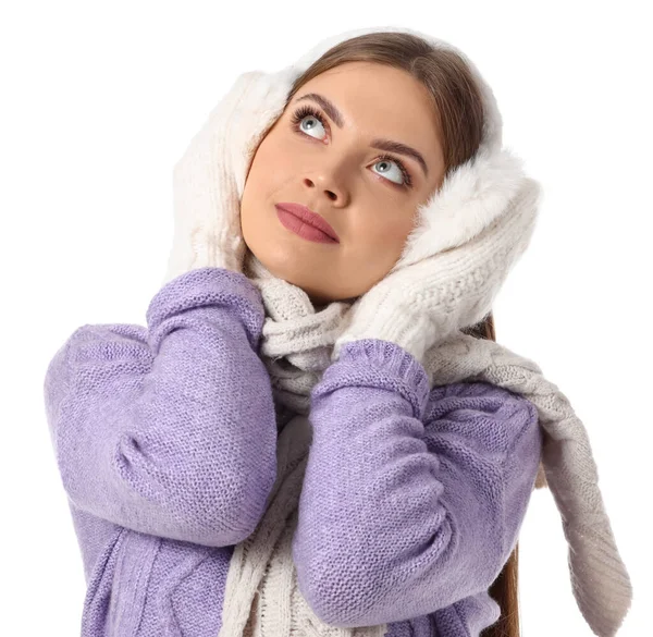 Beautiful Young Woman Warm Winter Clothes White Background — Stockfoto