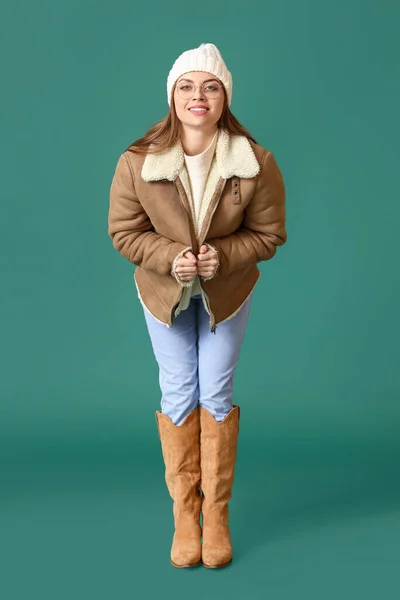 Beautiful Young Woman Warm Winter Clothes Color Background — Stockfoto