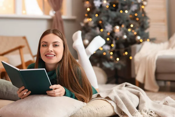 Pretty Young Woman Reading Interesting Book Home — Stock Photo, Image