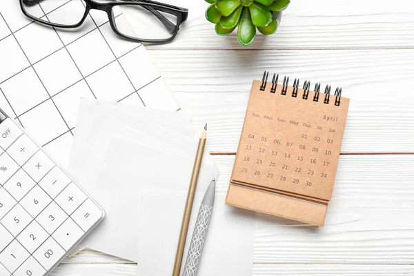 Craft Calendar Stationery Supplies Eyeglasses White Wooden Background — Stockfoto