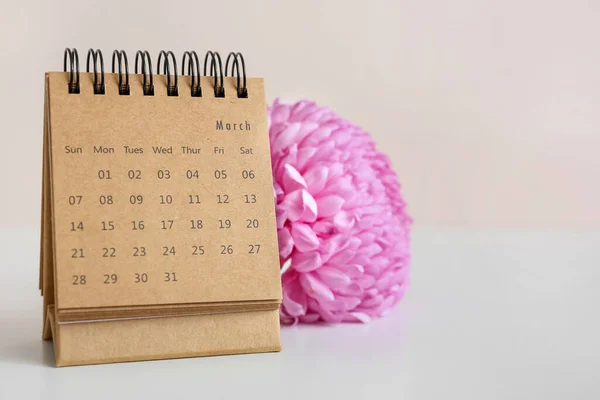 Craft Calendar Beautiful Peony Flower Table Light Background — Stock Photo, Image