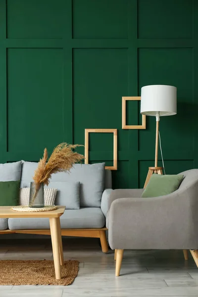 Interior Stylish Living Room Sofa Armchair Standing Lamp — 图库照片