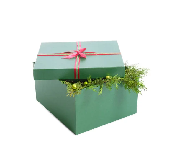 Christmas Gift Box Thuja Branches White Background — Stockfoto