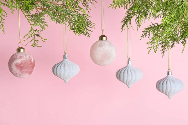 Beautiful Christmas Toys Hanging Thuja Branches Pink Background — Stock Photo, Image