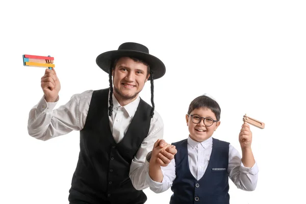 Joodse Man Jongen Met Graggers Voor Purim Vakantie Witte Achtergrond — Stockfoto