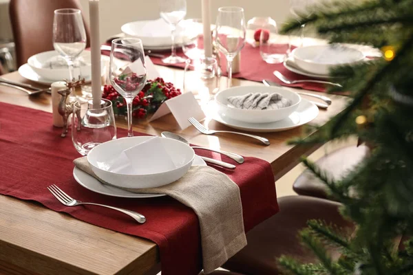 Festive Table Setting Christmas Celebration Dining Room — Foto Stock