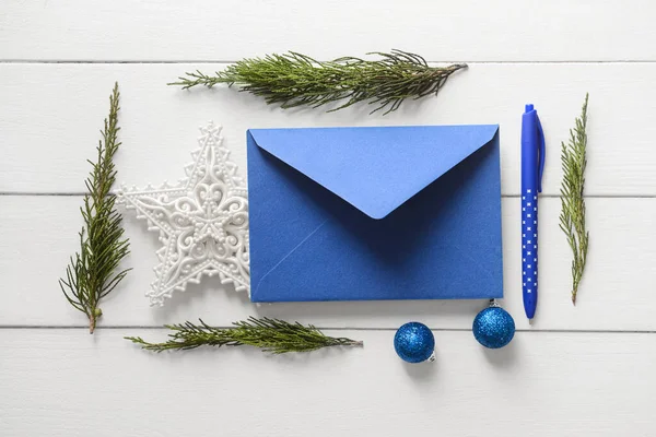 Envelope Christmas Decorations White Wooden Background — Stock Photo, Image