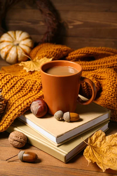 Cup Tasty Coffee Books Autumn Decor Wooden Background — Stock Photo, Image