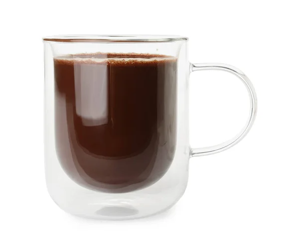 Glazen Kopje Natuurlijke Warme Chocolademelk Witte Achtergrond — Stockfoto