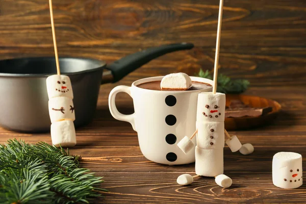 Cup Natural Hot Chocolate Marshmallows Wooden Background — Stockfoto