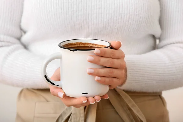 Woman Holding Cup Tasty Hot Chocolate Light Background Closeup — Stock Photo, Image