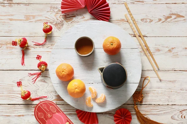 Traditional Tea Chinese Symbols White Wooden Background New Year Celebration — Stock Photo, Image