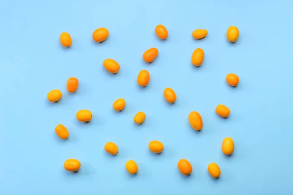 Saborosas Frutas Kumquat Fundo Azul — Fotografia de Stock
