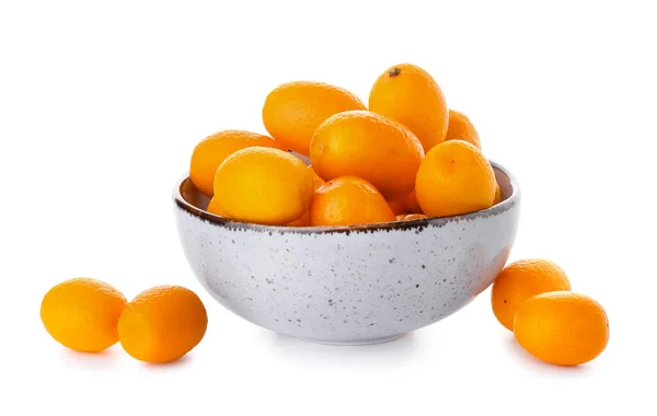 Tigela Com Saborosas Frutas Kumquat Fundo Branco — Fotografia de Stock