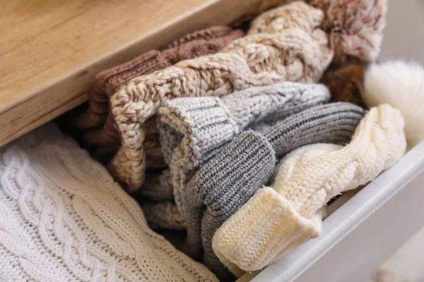 Knitted Hats Chest Drawers — Stock Photo, Image