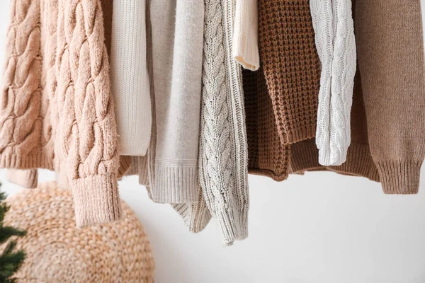 Stylish Sweaters Hanging Dressing Room — Stock Photo, Image