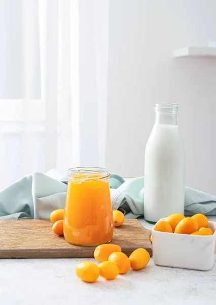 Jar Tasty Kumquat Jam Fresh Fruits Kitchen Table — Stock Photo, Image