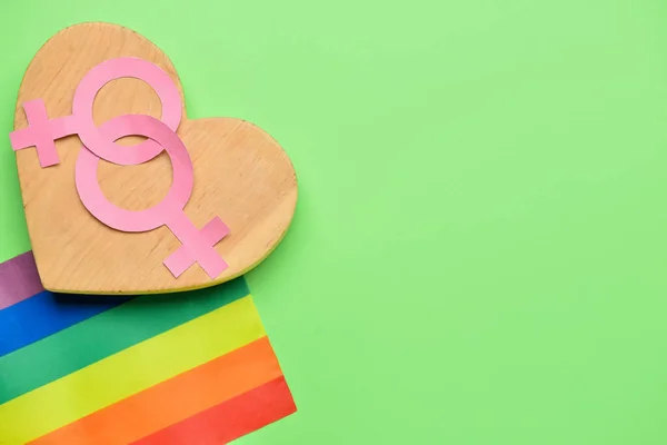 Wooden Heart Symbols Woman Rainbow Flag Color Background Lgbt Concept — 图库照片