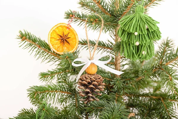 Christmas Tree Decorated Handmade Toys White Background Closeup — Stockfoto
