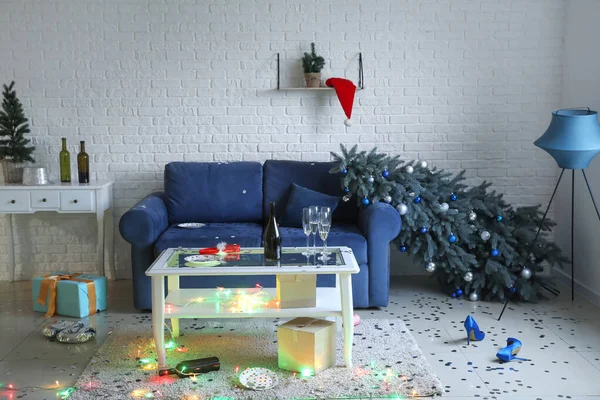 Interior Messy Room Christmas Celebration — Stock Photo, Image