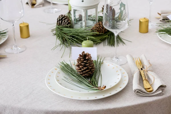 Beautiful Table Setting Pine Cones Blank Card Fir Branches — Stockfoto