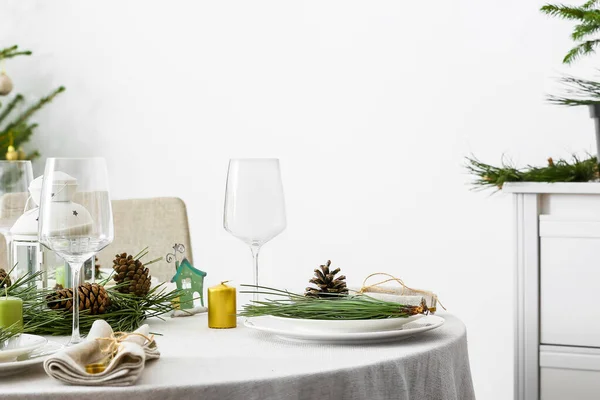 Beautiful Table Setting Pine Cones Fir Branches Indoors — Stock Photo, Image