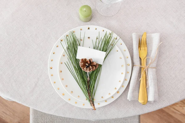 Beautiful Table Setting Pine Cones Blank Card Fir Branches Top — Stockfoto