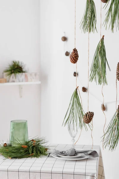 Beau Décor Table Avec Cônes Pin Branches Sapin Intérieur — Photo