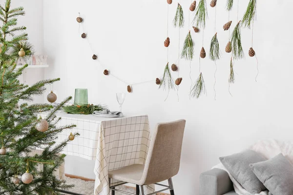 Beautiful Table Setting Pine Cones Fir Branches Indoors — Stock Photo, Image