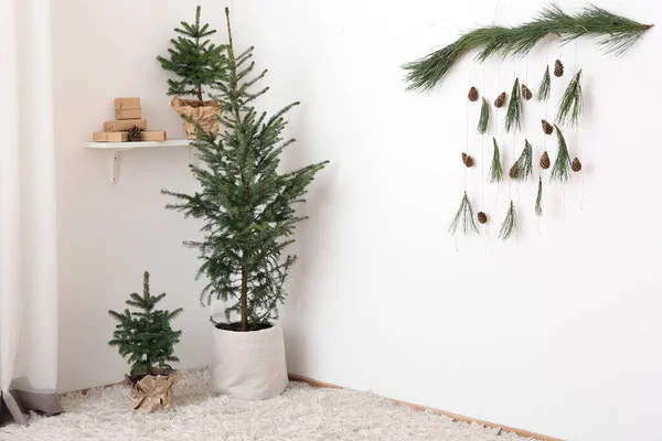 Beautiful Christmas Tree Pine Cones Fir Branches Indoors — Stock Photo, Image