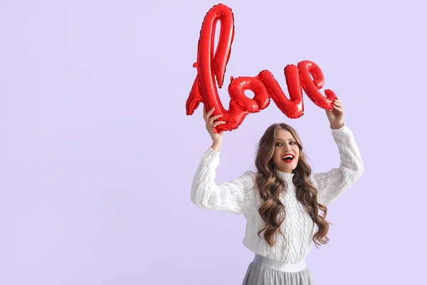 Beautiful Happy Young Woman Balloon Shape Word Love Color Background — Stockfoto