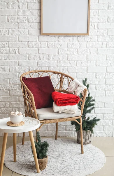 Wicker Armchair Winter Clothes Christmas Trees Interior Room — Stock Photo, Image