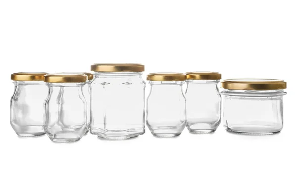 Different Glass Jars White Background — Stock Photo, Image