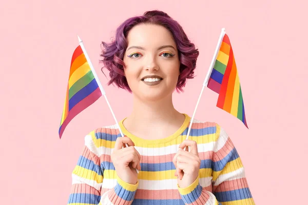 Young Woman Lgbt Flags Pink Background — Foto Stock