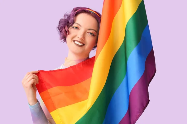 Portret Młodej Kobiety Flagą Lgbt Tle Koloru — Zdjęcie stockowe