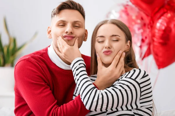 Happy Couple Having Fun Home Valentine Day Celebration — Stockfoto