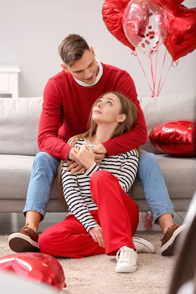 Happy Couple Spending Time Together Home Valentine Day Celebration — Stockfoto