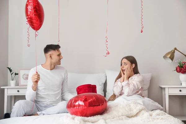 Happy Couple Celebrating Valentine Day Bedroom Home — Stock Photo, Image