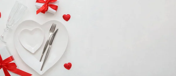 Stylish Table Setting Gifts Valentine Day White Background Space Text — Stock Photo, Image