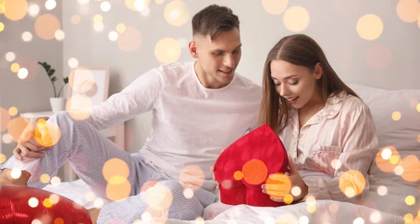 Happy Couple Celebrating Valentine Day Bedroom Home — Stock Photo, Image