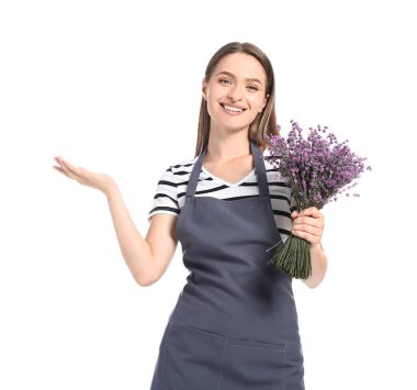 Beyaz arka planda lavantalı kadın bahçıvan