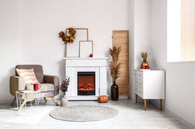 Modern şöminesi, vazosu ve koltuğu olan ışık odasının içi.